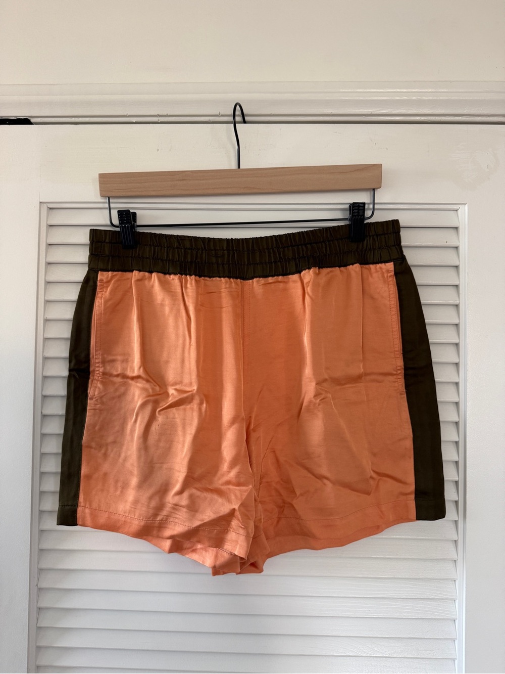 Dries Van Noten Peach Satin Shorts with Olive Panels